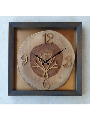 Markakanvas Doğal Masif Eskitme Ahşap Çerçeveli  Ceviz Ağacı Kare Duvar  Masa Saati 30 x 30  cm