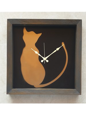 Markakanvas Ahşap Altın Gold siyah Renkli  Kedi Temalı   Kare Duvar Saati