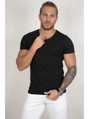 Deepsea Siyah V Yakalı Likralı Dar Kesim Erkek Tshirt 1801165