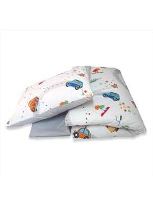 Bebek Özel Pamuk Bebek/Çocuk Yastık Çarşaf Yorgan Seti Arabalı Desen/Düz Gri