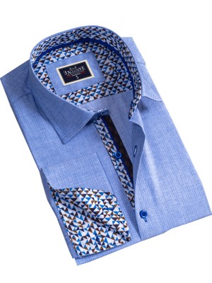 Exve Exclusive Mavi Yaka Manşet Iç Detaylı Fransız Duble Manşet Kol Düğmeli Gömlek