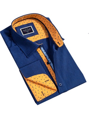 Exve Exclusive Lacivert Sarı Manşet Iç Detaylı Fransız Duble Manşet Kol Düğmeli Gömlek