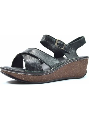 Beety 465 Hakiki Deri Siyah Dolgu Topuklu Günlük Kadın Sandalet