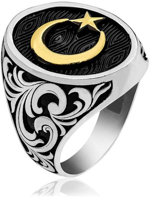 Gumush Gümüş Yanları Desenli Ay Yıldız Erkek Yüzük