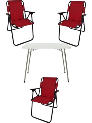 Bofigo 60X80 Beyaz Katlanır Masa + 3 Adet Katlanır Sandalye Kamp Seti Bahçe Takımı Kırmızı
