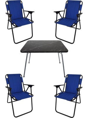 Bofigo 60X80 Granit Desenli Katlanır Masa + 4 Adet Katlanır Sandalye Kamp Seti Bahçe Takımı Mavi