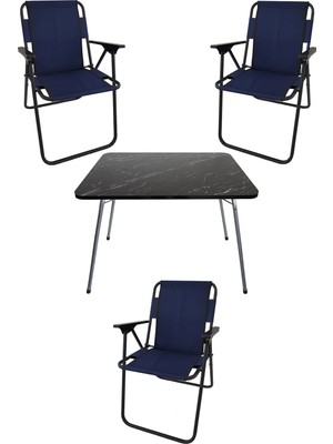 Bofigo 60X80 Granit Desenli Katlanır Masa + 3 Adet Katlanır Sandalye Kamp Seti Bahçe Takımı Lacivert