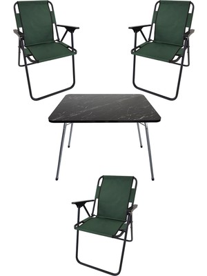 Bofigo 60X80 Granit Desenli Katlanır Masa + 3 Adet Katlanır Sandalye Kamp Seti Bahçe Takımı Yeşil