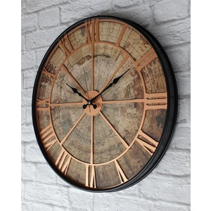 Siyah Metal Kasalı Eski Dünya Haritalı Duvar Saati  (Çap 50 cm - 80 cm )