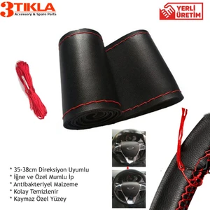 3 Tıkla Premium Siyah Direksiyon Kılıfı Kırmızı Dikişli