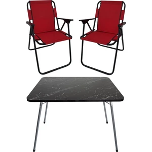 60X80 Granit Desenli Katlanır Masa + 2 Adet Katlanır Sandalye Kamp Seti Bahçe Takımı Kırmızı