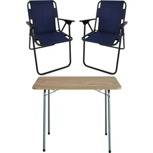 60X80 Çam Desenli Katlanır Masa + 2 Adet Katlanır Sandalye Kamp Seti Bahçe Takımı Lacivert