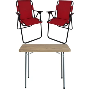 60X80 Çam Desenli Katlanır Masa + 2 Adet Katlanır Sandalye Kamp Seti Bahçe Takımı Kırmızı