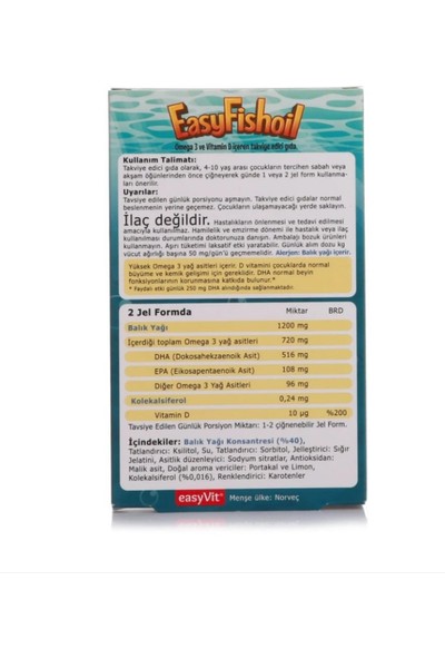 Easyvit Çocuklar Için Omega 3 Balık Yağı 30 Çiğnenebilir Jel Form + Venatura D3 Vitamini 20 ml Damla