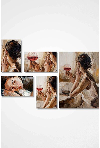 Gıftdeco Kadın ve Şarap 5 Parçalı Dekoratif Portre Tuval Kanvas Tablo