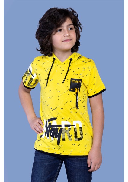 Toontoy Erkek Çocuk Kapüşonu File Detaylı Armalı Tişört
