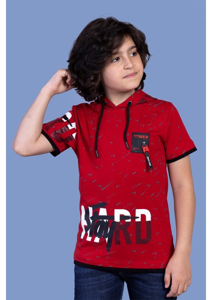 Toontoy Erkek Çocuk Kapüşonu File Detaylı Armalı Tişört