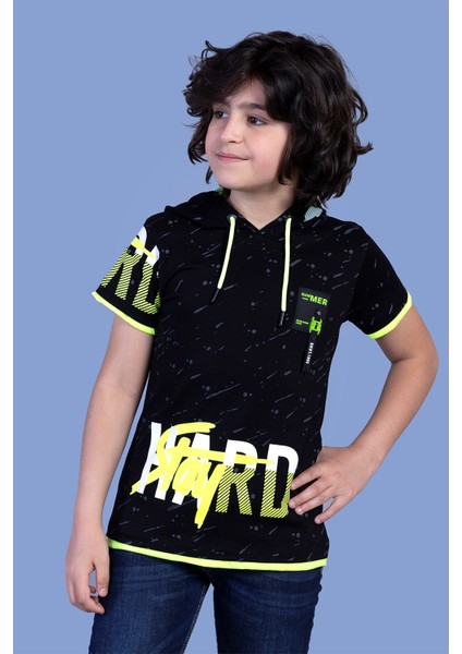 Toontoy Erkek Çocuk Kapüşonu File Detaylı Armalı Tişört