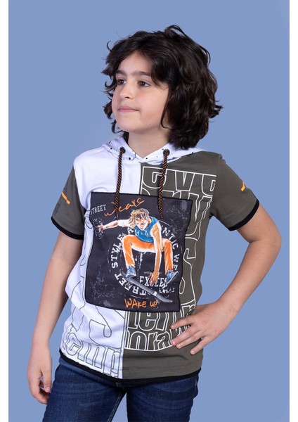 Toontoy Erkek Çocuk Garni Detaylı Kapüşonlu Baskılı Tişört