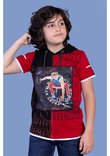 Toontoy Erkek Çocuk Garni Detaylı Kapüşonlu Baskılı Tişört