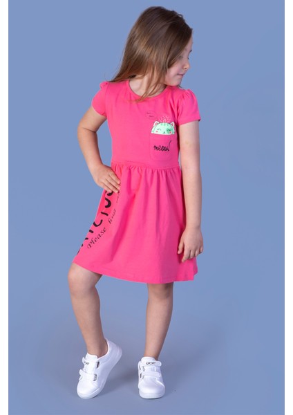 Toontoy Kız Çocuk Cebi Meow Nakışlı Taş Işlemeli Baskılı Elbise