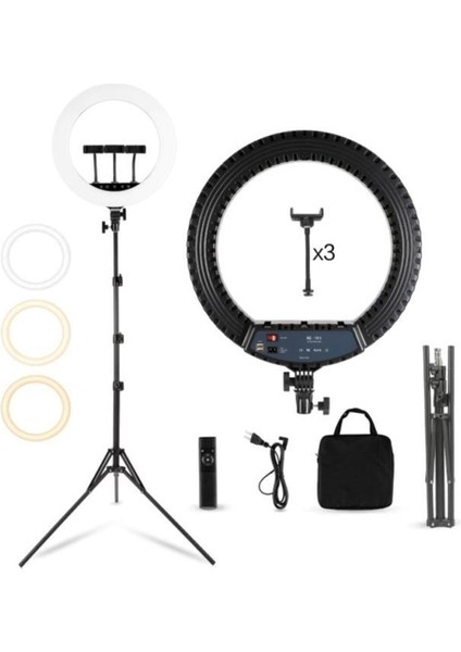 Youtuber Işığı Ring Light 45CM Çap Tiktok LED Çantalı ve Kumandalı 3 Telefon Tutucu Makyaj Güzellik 18INÇ