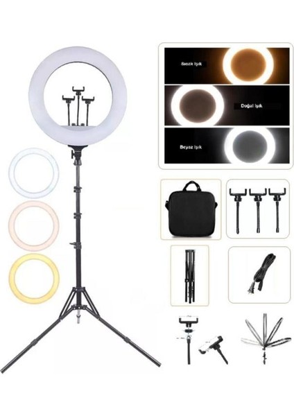 Ring Light 45CM Çap Youtuber Tiktok LED Çantalı ve Kumandalı 3 Telefon Tutucu Makyaj Güzellik Rl-18 indirimleri