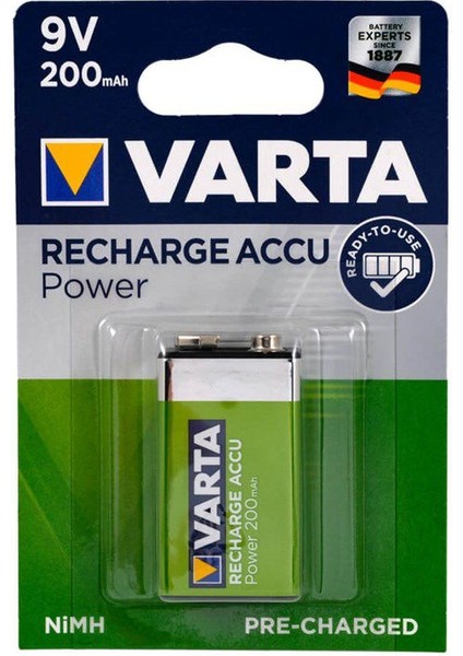 Varta 9 Volt Şarjlı Pil 200 Mah 9 Volt Kare Yassı Pil Sensör Pili