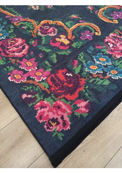 Çam Halı Gloria TD732 Siyah Karabağ Desen Dokuma Saçaklı Kilim