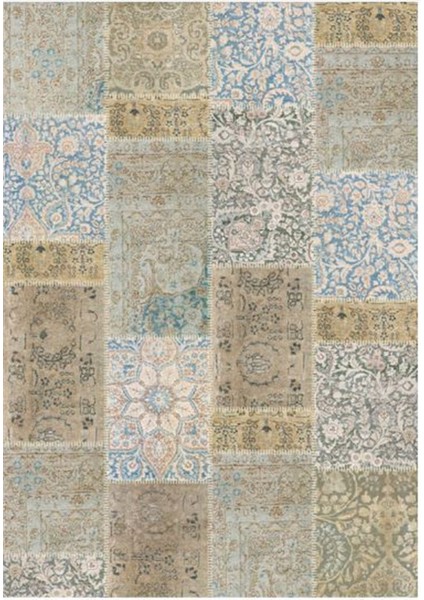 Gloria TD768 Bej Mavi Patchwork Desen Dokuma Saçaklı Kilim