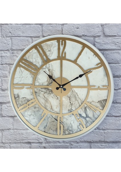 Beyaz Metal Kasalı Mermer Desenli Duvar Saati ( Çap 50 cm -Çap 80 cm )