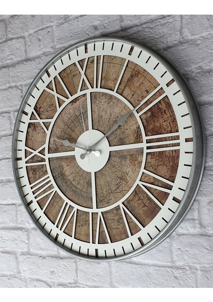 Gri Metal Kasalı Eski Dünya Haritalı Duvar Saati (Çap 50 cm - 80 cm )
