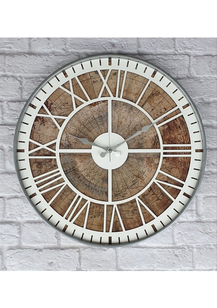 Gri Metal Kasalı Eski Dünya Haritalı Duvar Saati (Çap 50 cm - 80 cm )