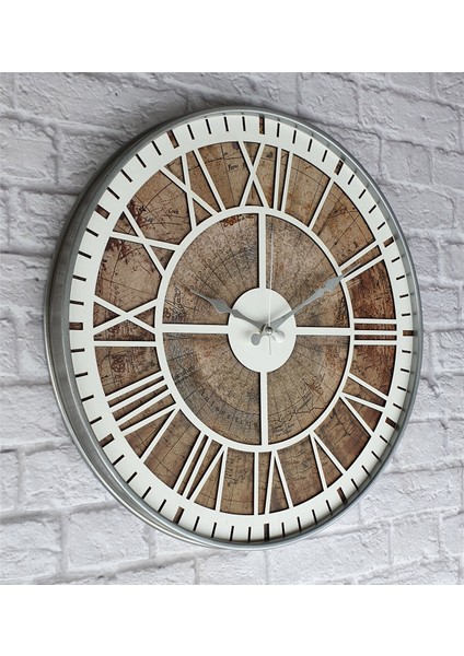 Gri Metal Kasalı Eski Dünya Haritalı Duvar Saati (Çap 50 cm - 80 cm )