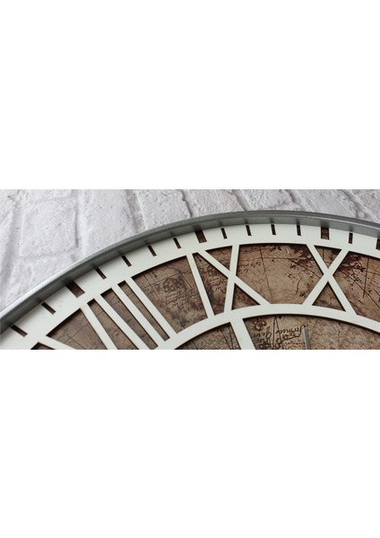 Gri Metal Kasalı Eski Dünya Haritalı Duvar Saati (Çap 50 cm - 80 cm )