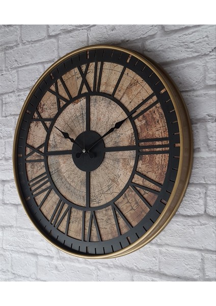 Altın(Gold) Renk Metal Kasalı Eski Dünya Haritalı Duvar Saati (Çap 50 cm - 80 cm )