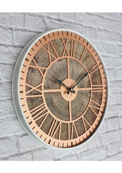 Beyaz Metal Kasalı Eski Dünya Haritalı Duvar Saati (Çap 50 cm - 80 cm )