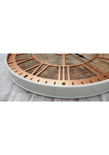 Beyaz Metal Kasalı Eski Dünya Haritalı Duvar Saati (Çap 50 cm - 80 cm )