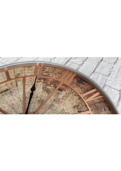 Gri Metal Kasalı Eski Dünya Haritalı Duvar Saati (Çap 50 cm - 80 cm )
