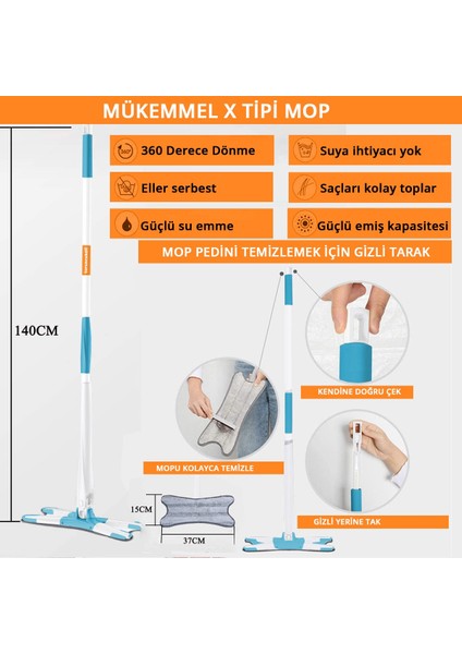 Turuncukoli Kendinden Sıkmalı x Mop Yer Duvar Cam Silme Mopu  Yedek Bezli Temizlik Fırçalı