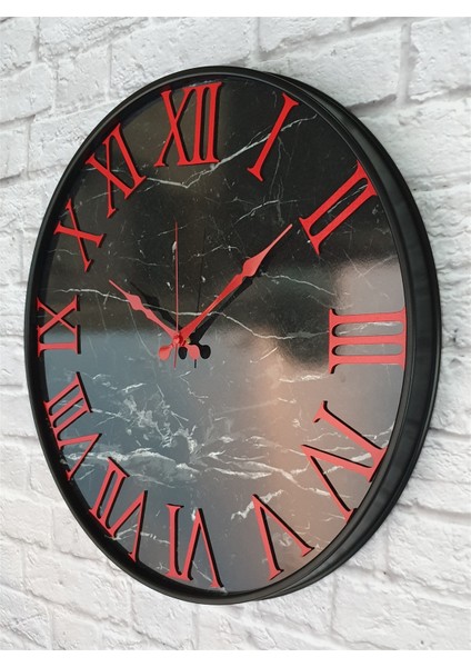 Siyah Metal Kasalı Mermer Desenli Duvar Saati 50 x 80 cm