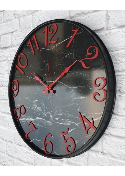 Siyah Metal Kasalı Mermer Desenli Duvar Saati 50 x 80 cm