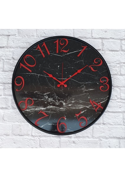 Siyah Metal Kasalı Mermer Desenli Duvar Saati 50 x 80 cm