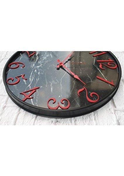 Siyah Metal Kasalı Mermer Desenli Duvar Saati 50 x 80 cm