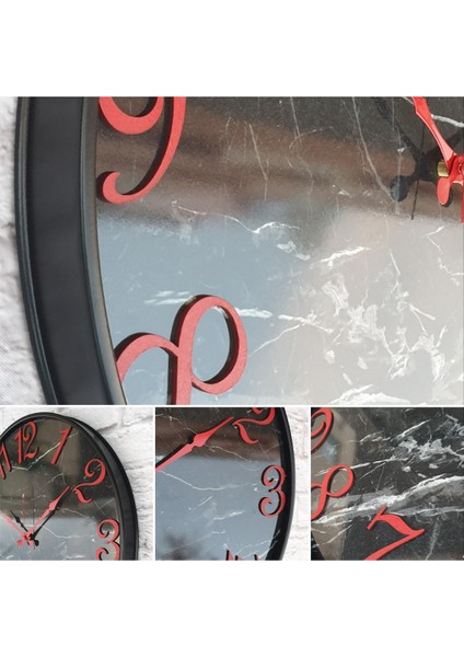 Siyah Metal Kasalı Mermer Desenli Duvar Saati 50 x 80 cm