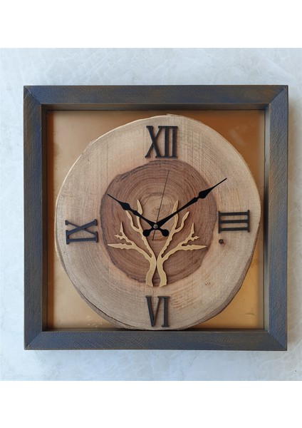 Doğal Masif Eskitme Ahşap Çerçeveli Ceviz Ağacı Kare Duvar Masa Saati 30 x 30 cm