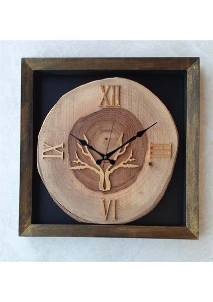 Doğal Masif Eskitme Ahşap Çerçeveli Ceviz Ağacı Kare Duvar Masa Saati 30 x 30 cm