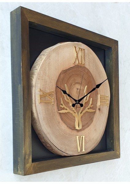 Doğal Masif Eskitme Ahşap Çerçeveli Ceviz Ağacı Kare Duvar Masa Saati 30 x 30 cm