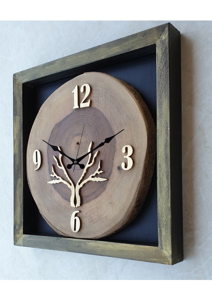 Doğal Masif Eskitme Ahşap Çerçeveli Ceviz Ağacı Kare Duvar Masa Saati 30 x 30 cm
