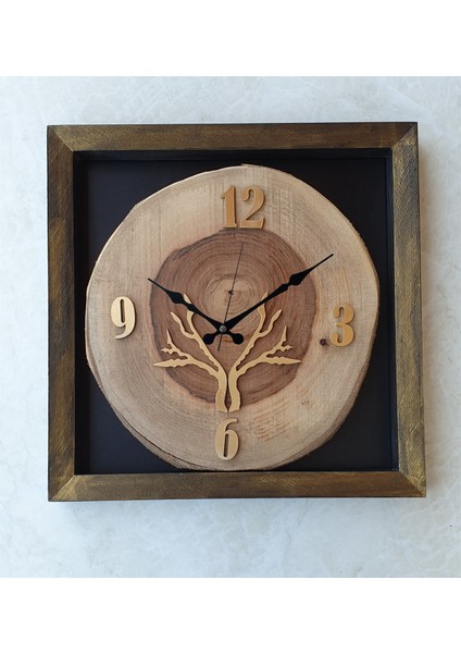 Doğal Masif Eskitme Ahşap Çerçeveli Ceviz Ağacı Kare Duvar Masa Saati 30 x 30 cm